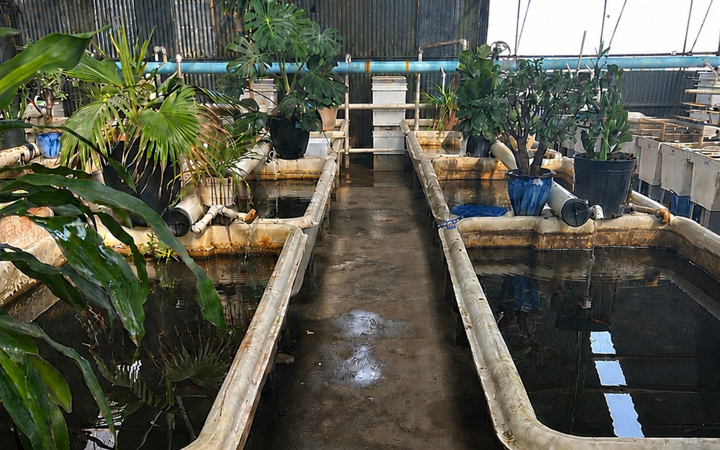 Working fish tanks surrounded by tropical plants in the Live Fish Direct vat house